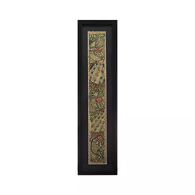 Madhubani Peacock Vertical Panel in Black Frame – Handpainted Mithila Art Wall Décor Madhubani Peacock Vertical Panel in Black Frame – Handpainted Mithila Art Wall Décor