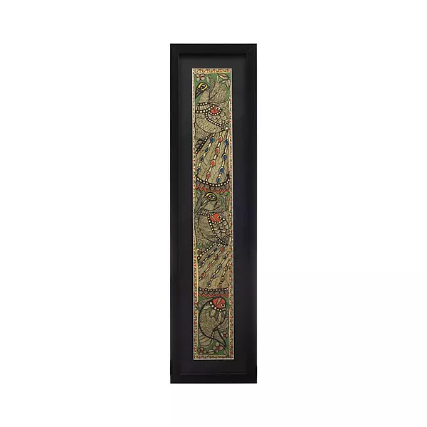 Madhubani Peacock Vertical Panel in Black Frame – Handpainted Mithila Art Wall Décor