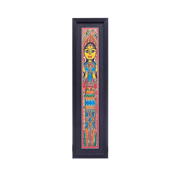 Madhubani Goddess Vertical Panel in Black Frame – Handpainted Mithila Painting