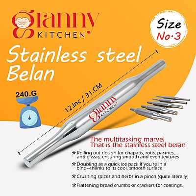 Granny Kitchen Stainless Steel Belan (Rolling Pin) | Heavy Duty & Rust-Resistant