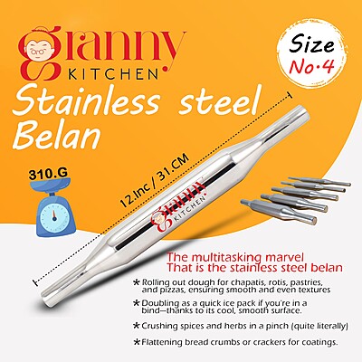 Granny Kitchen Stainless Steel Belan (Rolling Pin) | Heavy Duty & Rust-Resistant