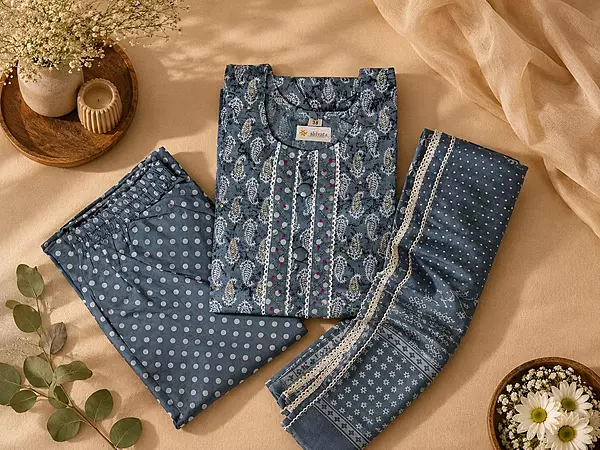 Powder Blue Paisley Printed Cotton Kurta Set with Dotted Pants and Dupatta – 3-Piece