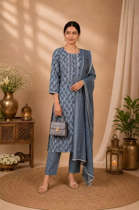 Powder Blue Paisley Printed Cotton Kurta Set with Dotted Pants and Dupatta – 3-Piece