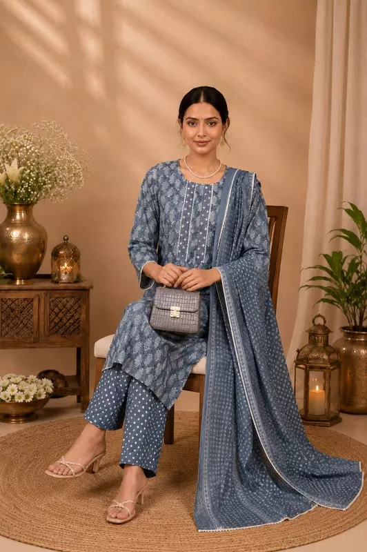 Powder Blue Paisley Printed Cotton Kurta Set with Dotted Pants and Dupatta – 3-Piece