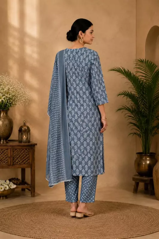 Powder Blue Paisley Printed Cotton Kurta Set with Dotted Pants and Dupatta – 3-Piece