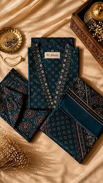 Indigo Blue and Rust Ajrakh Inspired Printed Cotton Anarkali Kurta Set with Dupatta – 3-Piece