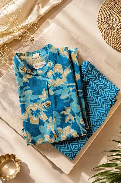Ocean Blue Floral Printed Cotton Kurta Set with Zig-Zag Pants – 2-Piece