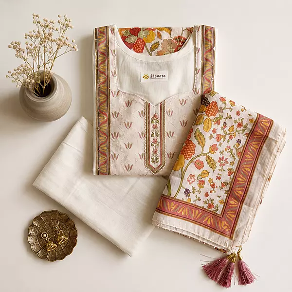 Off-White & Pastel Pink Vertical Silk Kurta Set with Tasseled Dupatta
