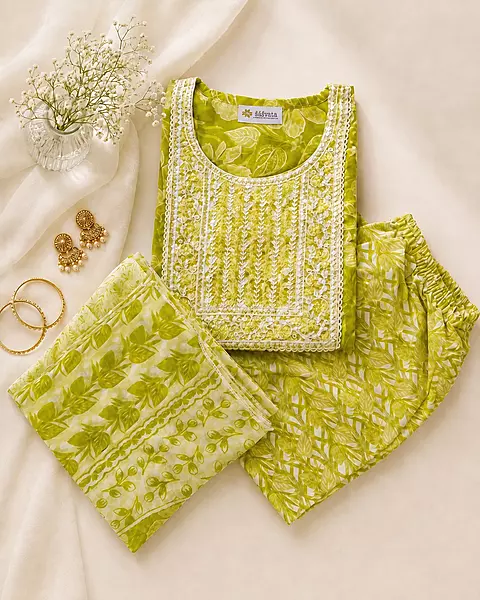 Lime Green Embroidered Floral Cotton Kurta Set