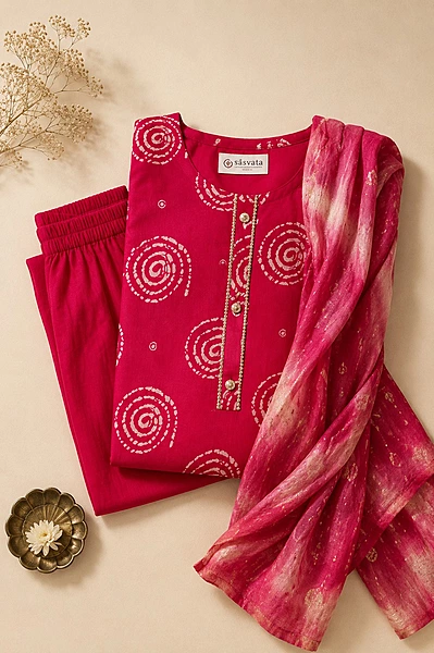 Fuchsia Pink Rayon 3 Piece Kurta Set with Pant & Dupatta | Elegant Ethnic Wear
