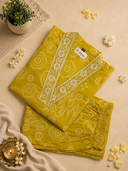 Mustard Yellow Geometric Printed Cotton Kurta Set 2-Piece
