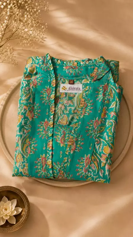 Bright Turquoise Green Floral Printed Flared Dress