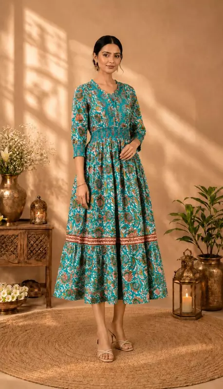 Bright Turquoise Green Floral Printed Flared Dress