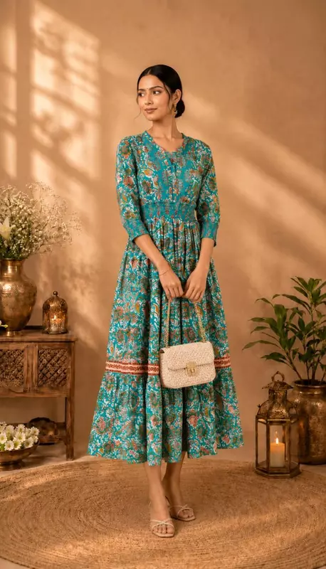 Bright Turquoise Green Floral Printed Flared Dress