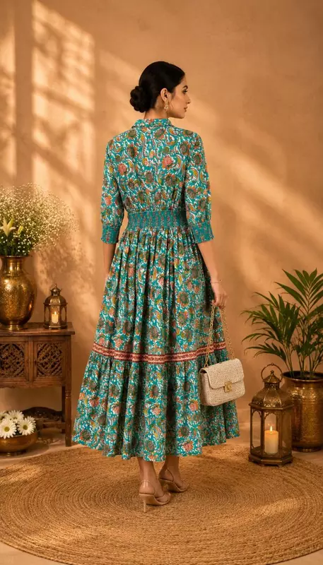 Bright Turquoise Green Floral Printed Flared Dress