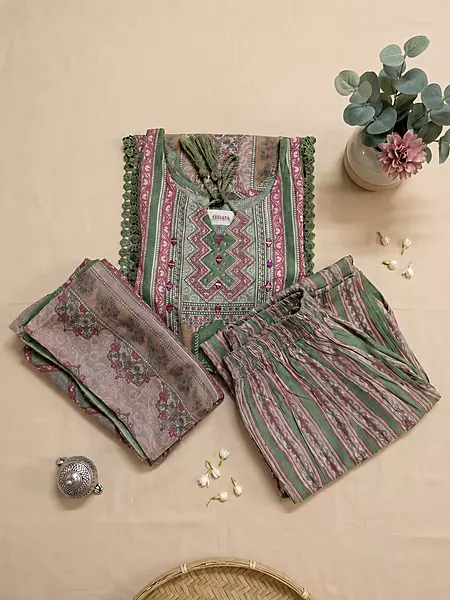 Sage Green Ethnic Patterned Kurta Set with Lace Trim