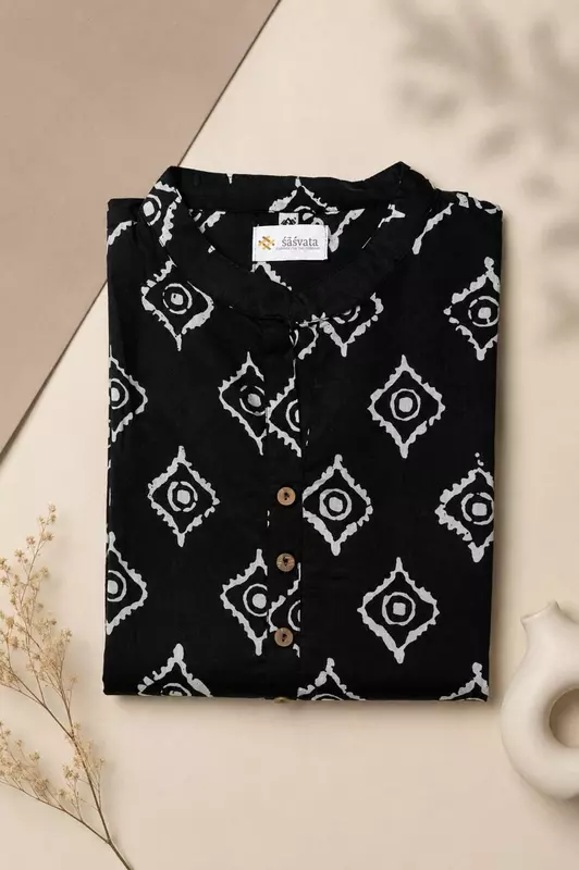 Black Printed Cotton Kurta for Women | Mandarin Collar Straight Kurta