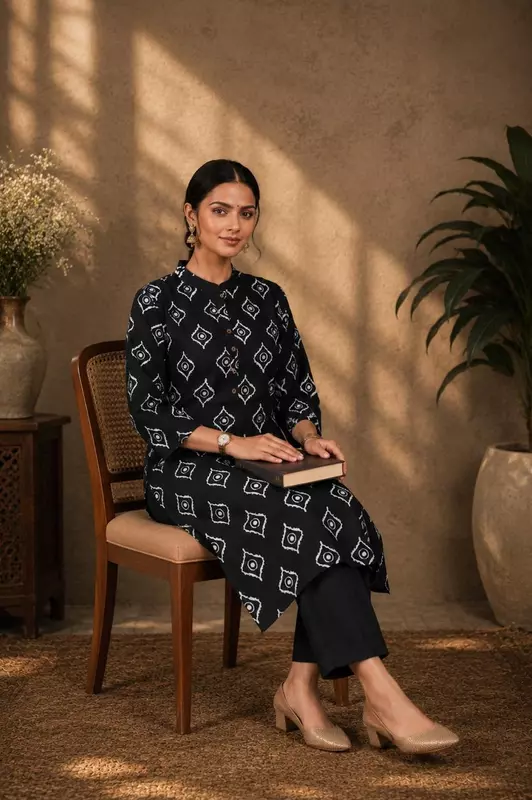 Black Printed Cotton Kurta for Women | Mandarin Collar Straight Kurta