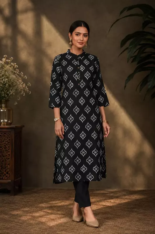 Black Printed Cotton Kurta for Women | Mandarin Collar Straight Kurta