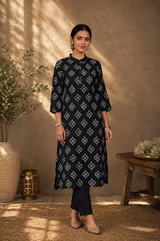 Black Printed Cotton Kurta for Women | Mandarin Collar Straight Kurta