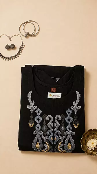 Black Vertical Silk Straight Kurti with Grey Geometric Yoke Embroidery