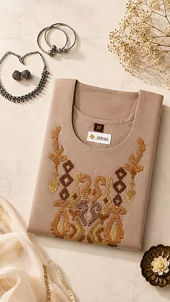 Mushroom-Taupe Vertical Silk Embroidered Kurta