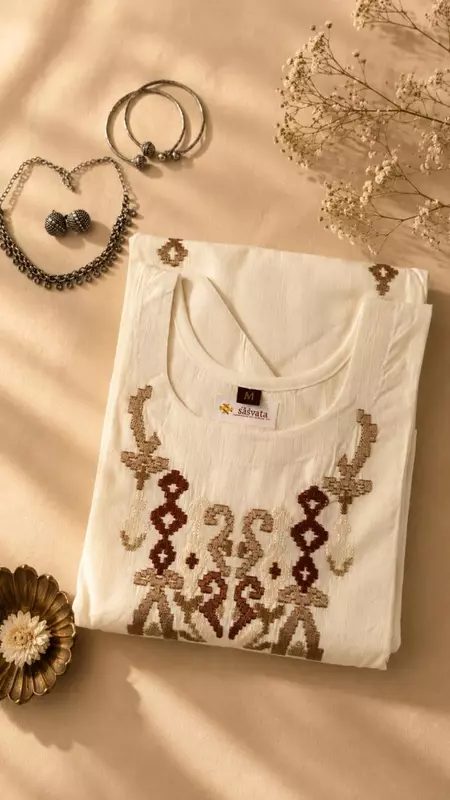 Off-White Vertical Silk Straight Kurta with Geometric Neck Embroidery