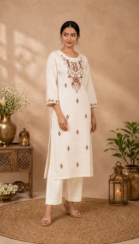 Off-White Vertical Silk Straight Kurta with Geometric Neck Embroidery