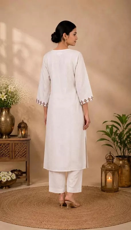 Off-White Vertical Silk Straight Kurta with Geometric Neck Embroidery