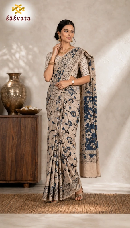 Women's Elegant Beige Kalamkari Saree with Blue Floral Print & Blouse Piece | Traditional Ethnic Wear