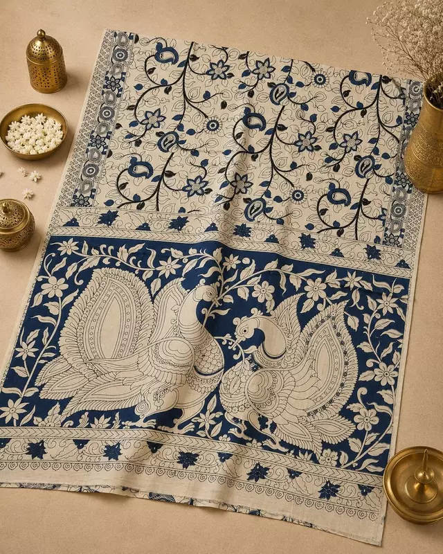 Women's Elegant Beige Kalamkari Saree with Blue Floral Print & Blouse Piece | Traditional Ethnic Wear