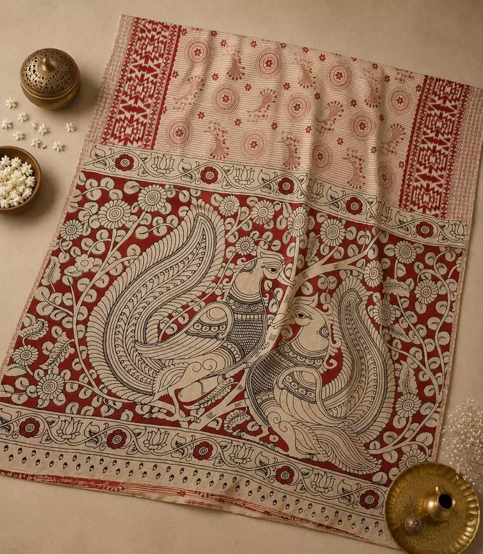 Premium Kalamkari Saree with Blouse Piece | Beige & Maroon Traditional Printed Saree