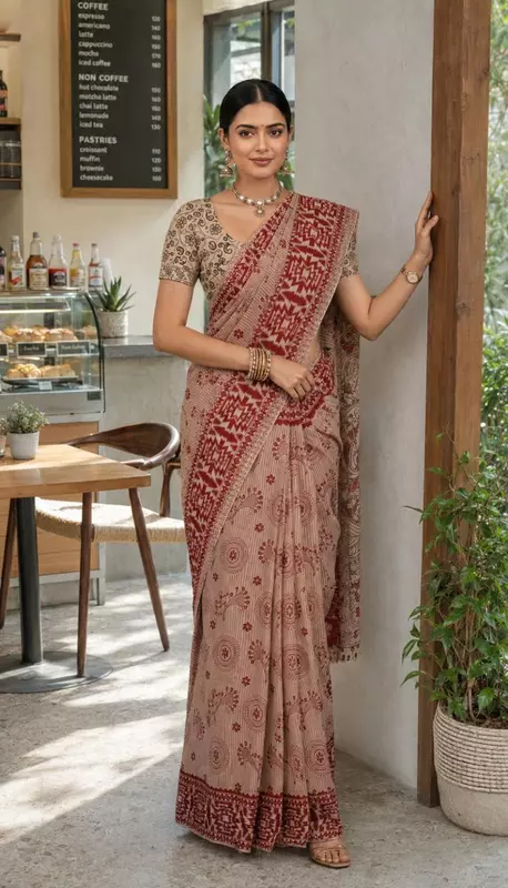 Premium Kalamkari Saree with Blouse Piece | Beige & Maroon Traditional Printed Saree