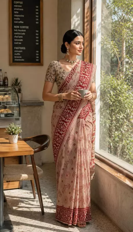 Premium Kalamkari Saree with Blouse Piece | Beige & Maroon Traditional Printed Saree
