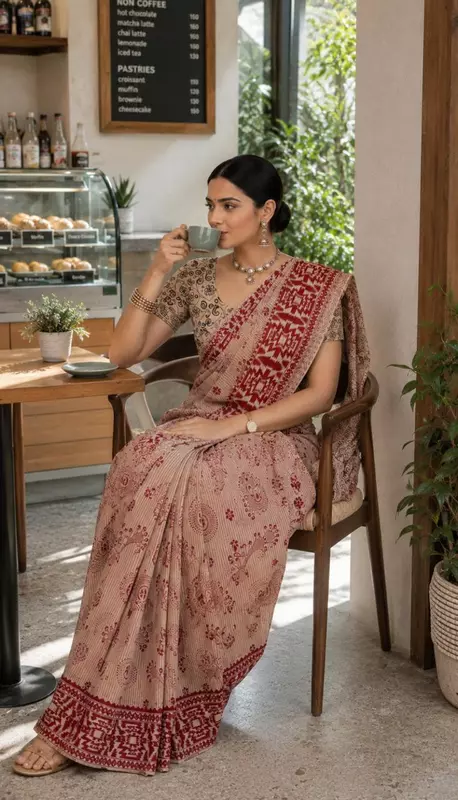 Premium Kalamkari Saree with Blouse Piece | Beige & Maroon Traditional Printed Saree