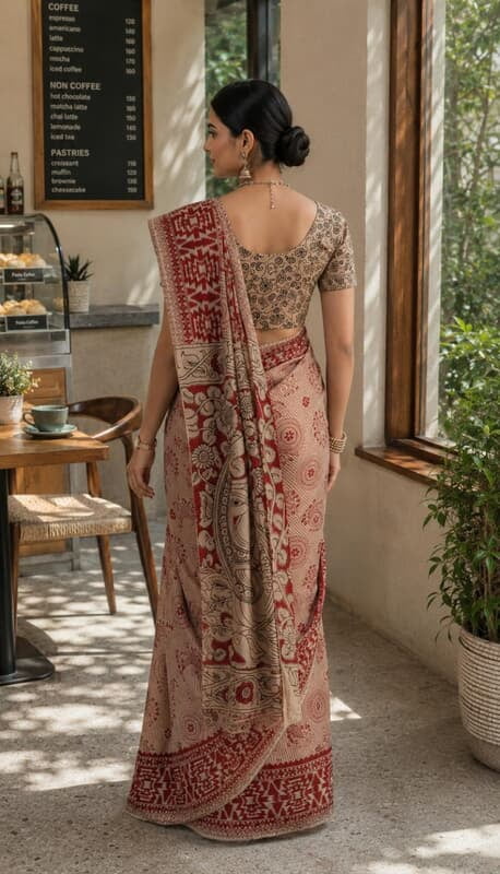 Premium Kalamkari Saree with Blouse Piece | Beige & Maroon Traditional Printed Saree