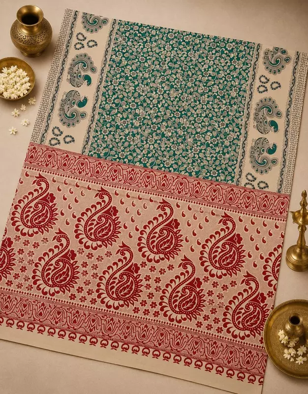 Premium Kalamkari Saree with Blouse | Teal Green & Ivory Printed Saree