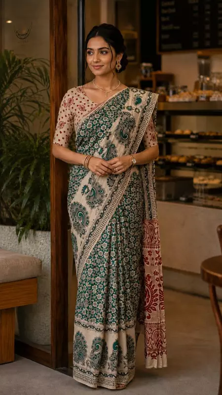 Premium Kalamkari Saree with Blouse | Teal Green & Ivory Printed Saree