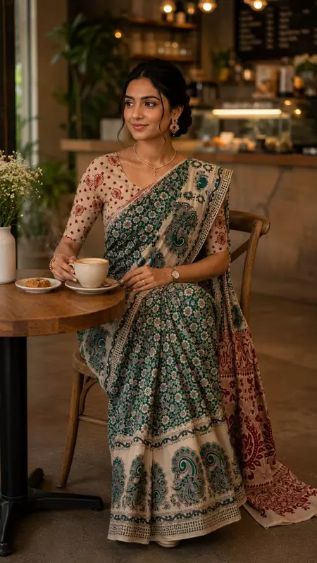 Premium Kalamkari Saree with Blouse | Teal Green & Ivory Printed Saree