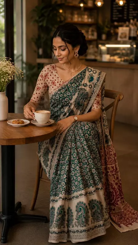 Premium Kalamkari Saree with Blouse | Teal Green & Ivory Printed Saree