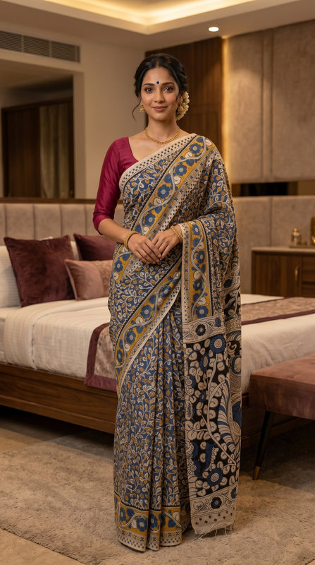 Premium Blue Kalamkari Saree with Blouse Piece | Traditional Handcrafted Ethnic Saree