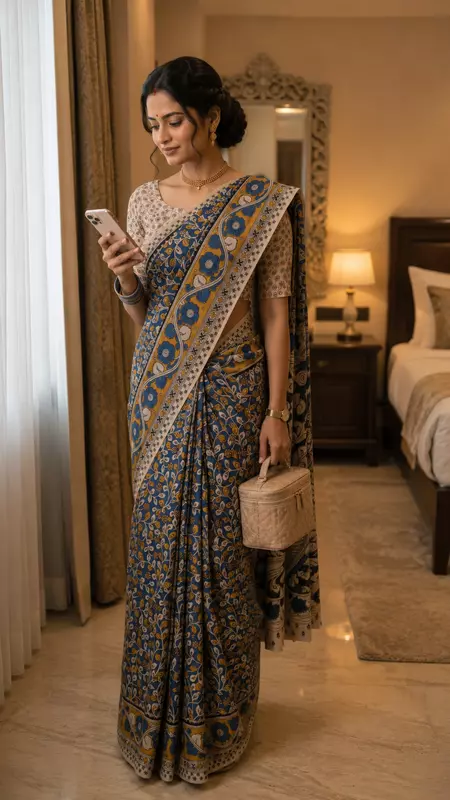 Premium Blue Kalamkari Saree with Blouse Piece | Traditional Handcrafted Ethnic Saree