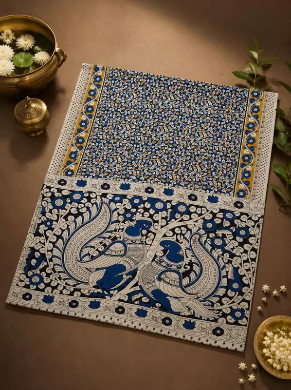 Premium Blue Kalamkari Saree with Blouse Piece | Traditional Handcrafted Ethnic Saree