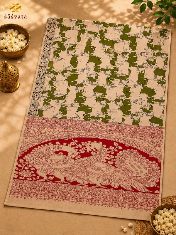 Premium Kalamkari Saree with Blouse Piece | Olive Green Traditional Ethnic Saree