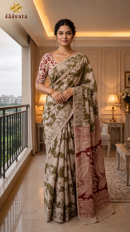 Premium Kalamkari Saree with Blouse Piece | Olive Green Traditional Ethnic Saree