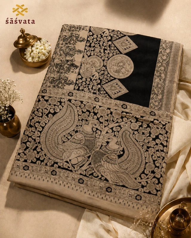 Premium Kalamkari Saree with Blouse Piece | Black & Beige Traditional Ethnic Saree
