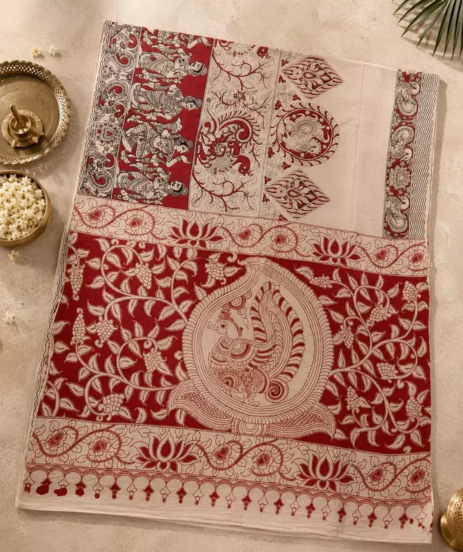 Women's Premium Kalamkari Saree with Blouse Piece | Beige & Maroon Traditional Printed Saree