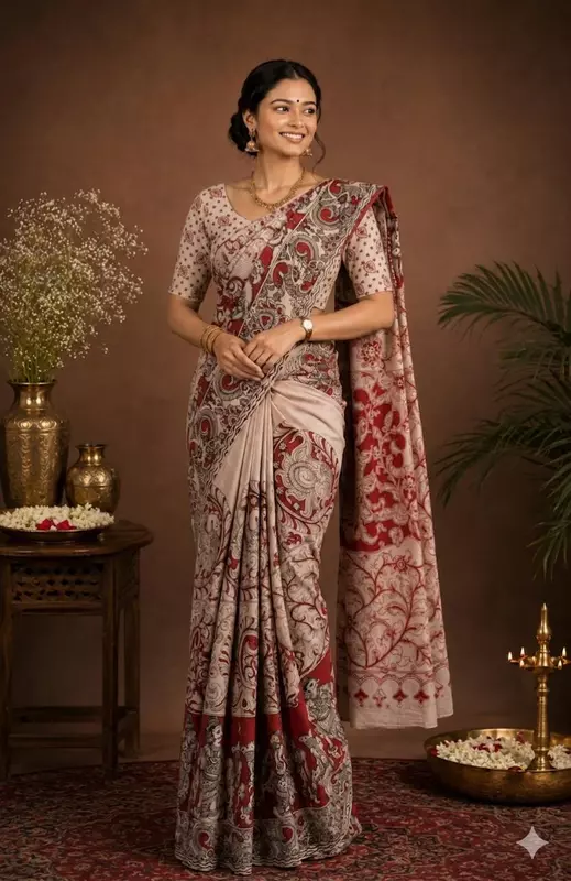 Women's Premium Kalamkari Saree with Blouse Piece | Beige & Maroon Traditional Printed Saree