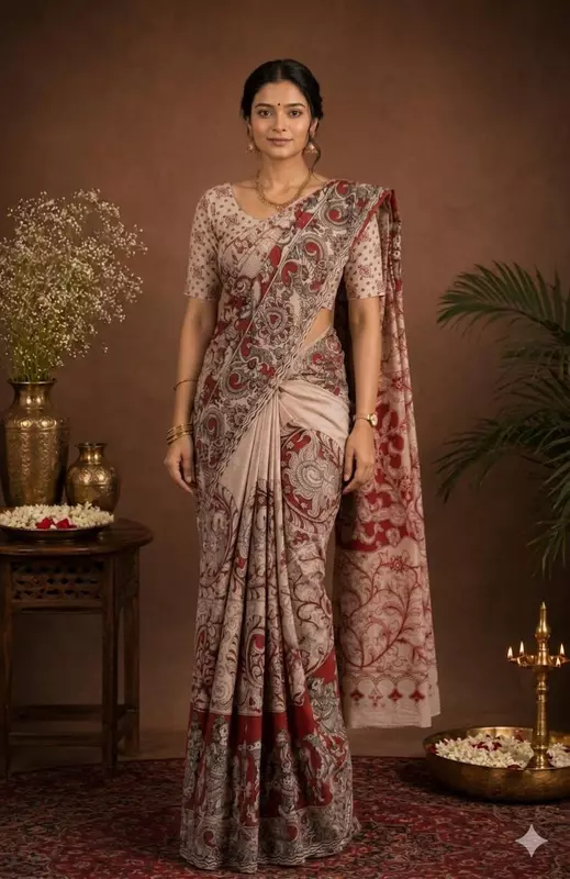 Women's Premium Kalamkari Saree with Blouse Piece | Beige & Maroon Traditional Printed Saree