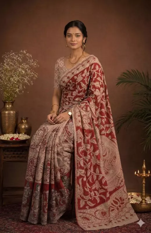 Women's Premium Kalamkari Saree with Blouse Piece | Beige & Maroon Traditional Printed Saree